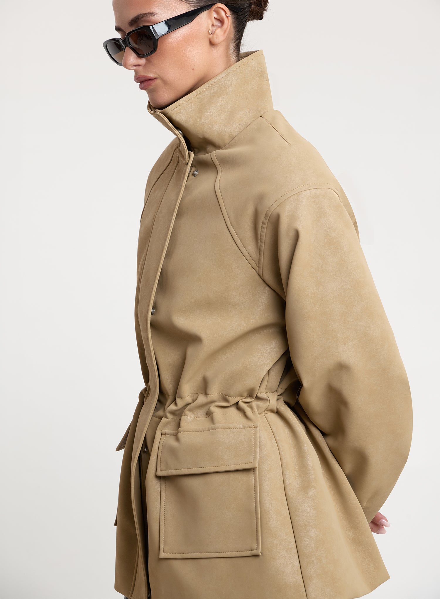 Beige Faux Suede Cinched Waist Funnel Neck Jacket